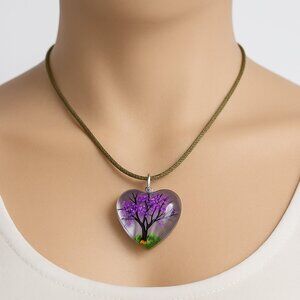 Heart-Shaped Pendant Necklace Purple & Green - 18" Green Cord Fashion Jewelry